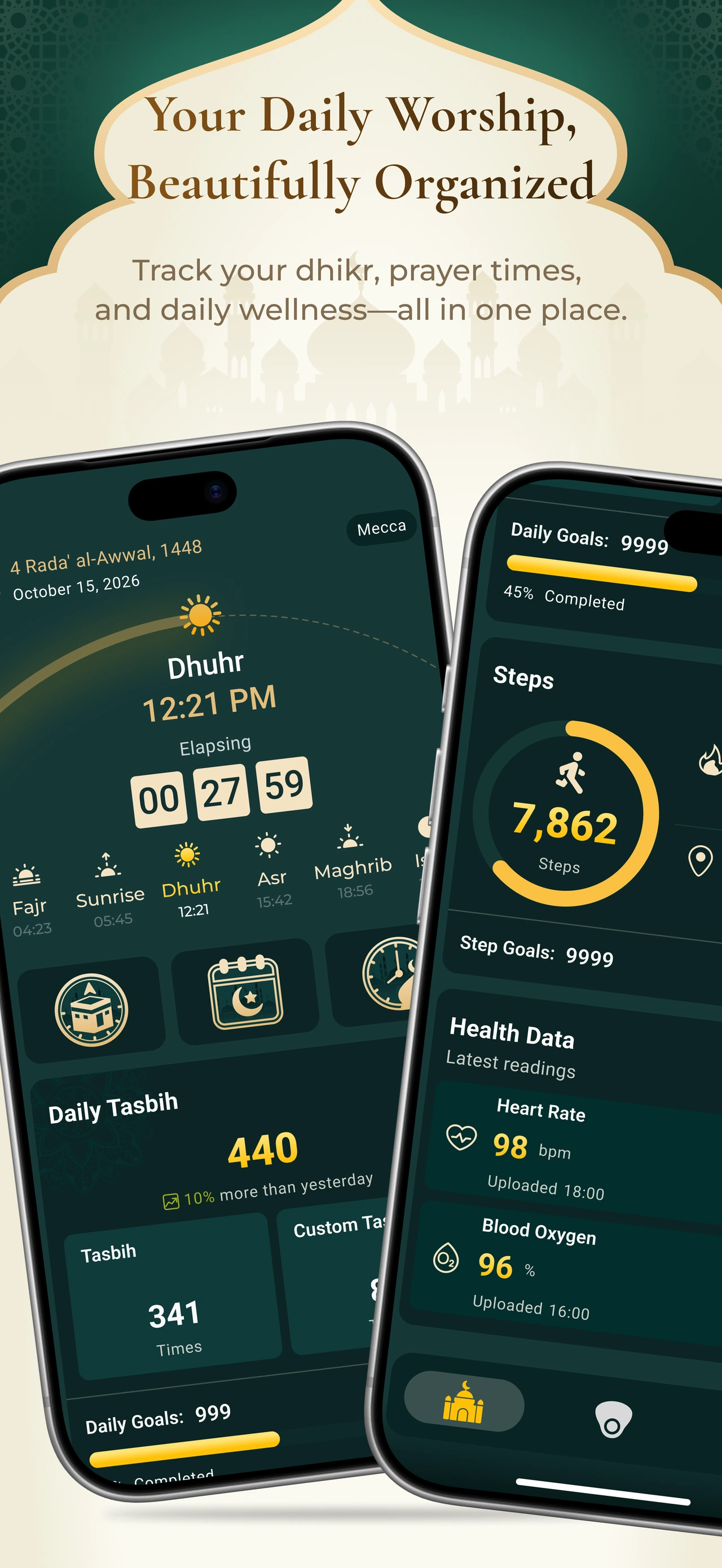 WeZikr App home and activity dashboards showing prayer times, daily tasbih, steps, heart rate and blood oxygen readings