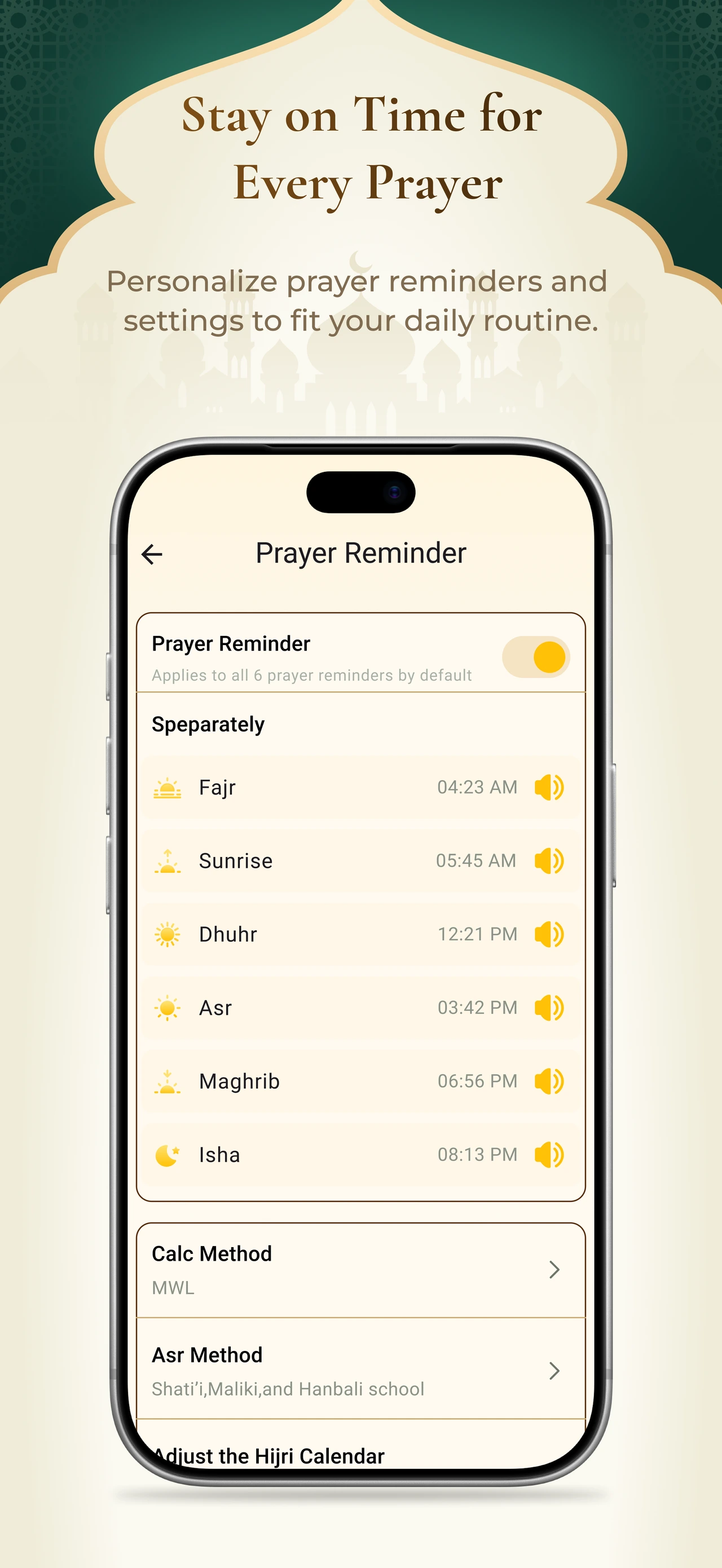 WeZikr prayer reminder settings with individual prayer times and notification controls