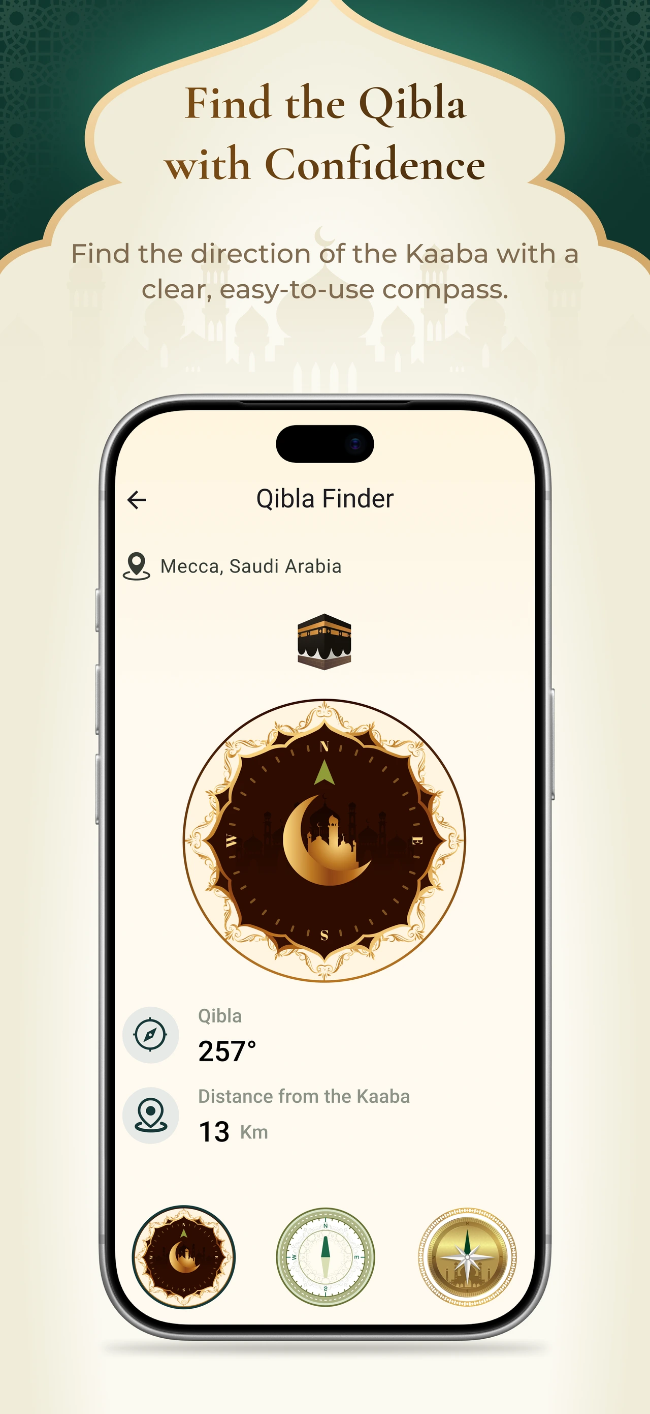 WeZikr Qibla Finder interface showing a compass, Qibla bearing and distance from the Kaaba